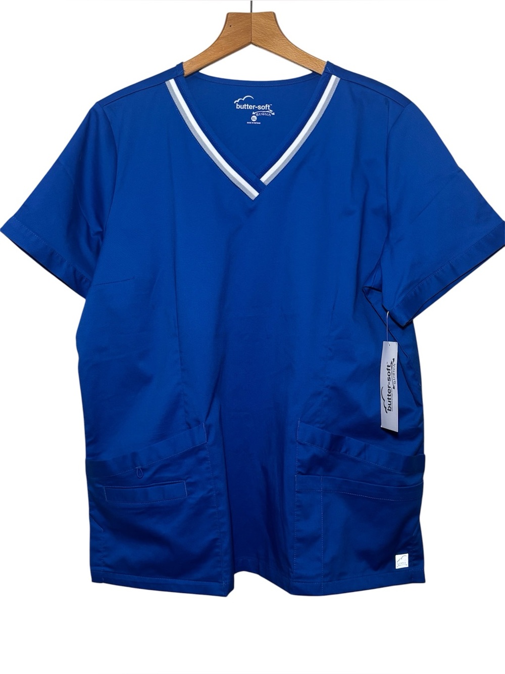 Butter-Soft Stretch scrub top in royal blue, striped V-neck. Women’s XL